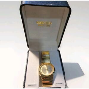 Gruen 225-2105 Men's Quartz Watch with Day and Date in Gold Tone NEW Old Stock